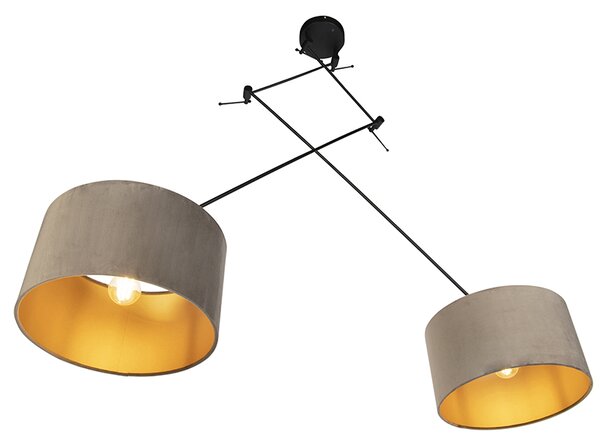 Lampada a sospensione nera con paralumi in velluto color tortora con oro 35 cm 2 luci - Blitz