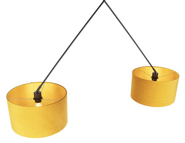 Lampada a sospensione nera con paralumi in velluto ocra con oro 35 cm - Blitz