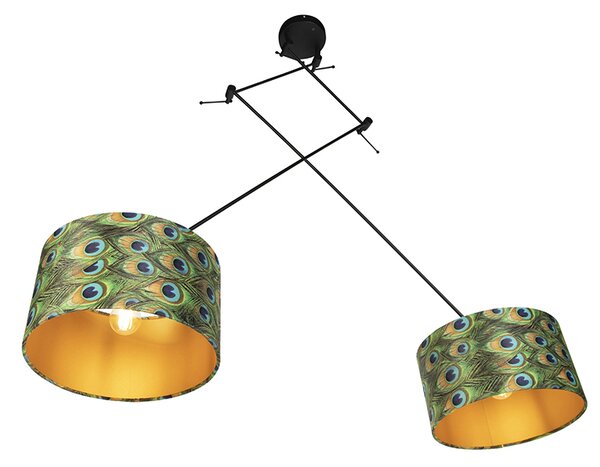 Lampada a sospensione nera con paralumi in velluto pavone con oro 35 cm 2 luci - Blitz