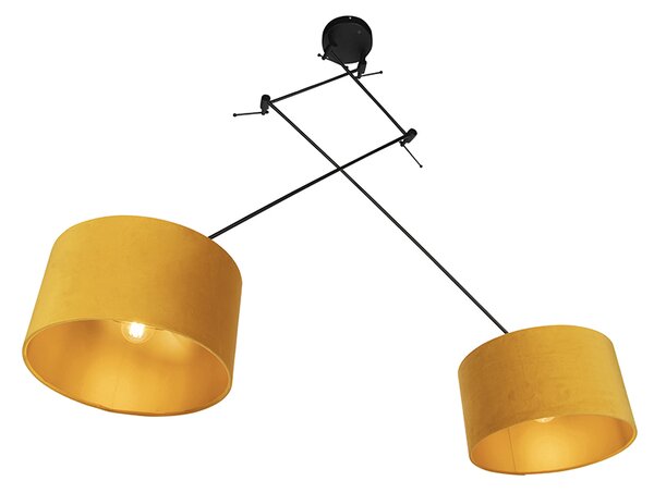 Lampada a sospensione nera con paralumi in velluto ocra con oro 35 cm - Blitz