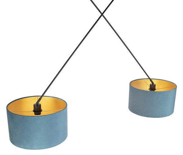 Lampada a sospensione nera con paralumi in velluto blu e oro 35 cm 2 luci - Blitz