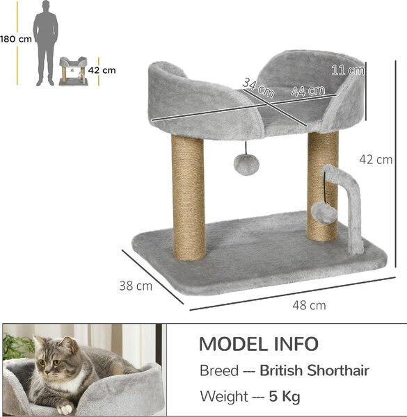 AllMyPets Albero Tiragraffi per Gatti in Juta, Lettino e Palline 48x38x42 cm colore Grigio - LGZ370