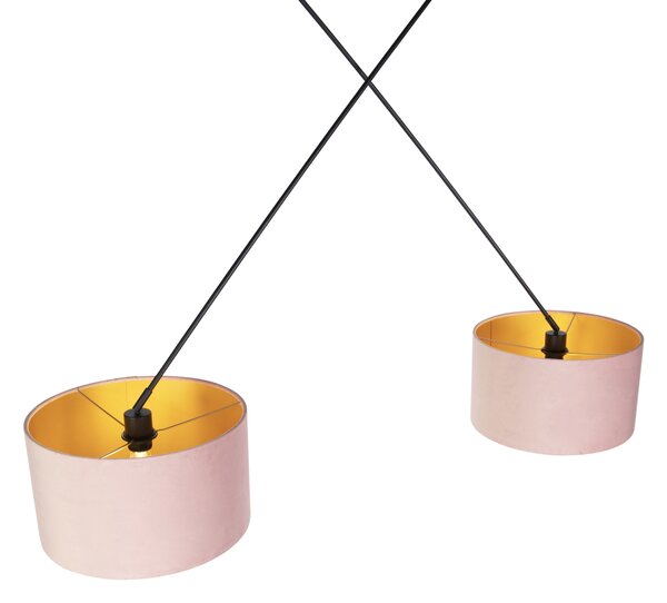 Lampada a sospensione nera con paralumi in velluto rosa e oro 35 cm 2 luci - Blitz