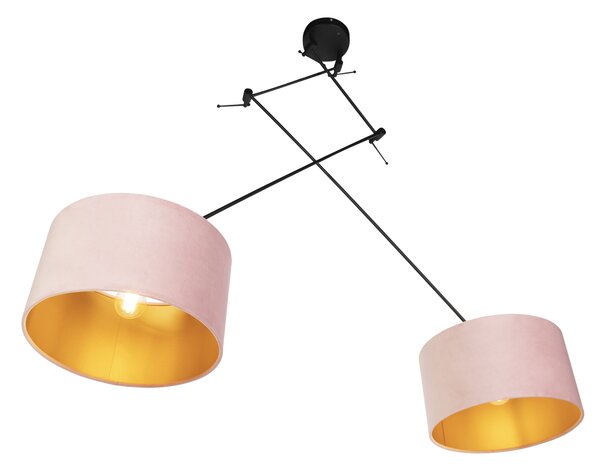 Lampada a sospensione nera con paralumi in velluto rosa e oro 35 cm 2 luci - Blitz