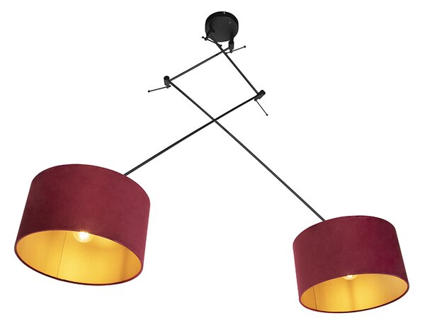 Lampada a sospensione nera con paralumi in velluto rosso e oro 35 cm 2 luci - Blitz
