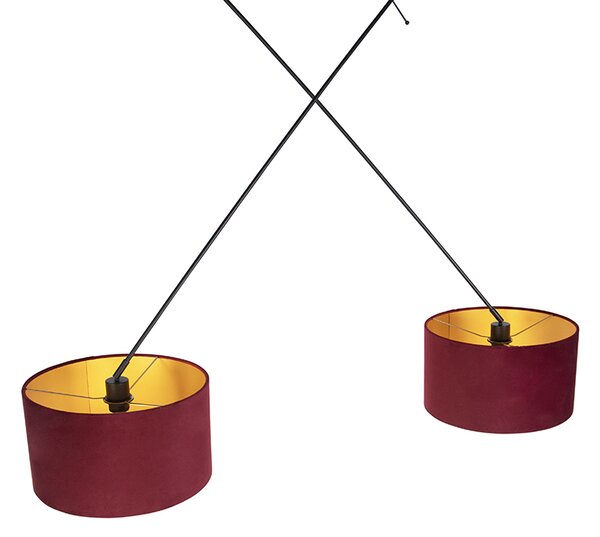 Lampada a sospensione nera con paralumi in velluto rosso e oro 35 cm 2 luci - Blitz