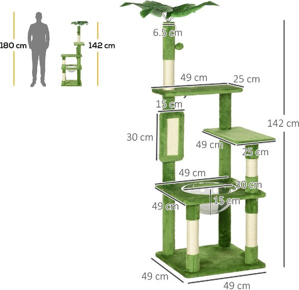 AllMyPets Albero Tiragraffi per Gatti Multilivello con Amaca Tiragraffi Pallina e Foglie Decorative 49x49x142 cm colore Verde - GNEF234