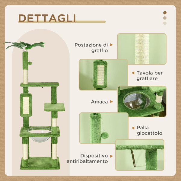 AllMyPets Albero Tiragraffi per Gatti Multilivello con Amaca Tiragraffi Pallina e Foglie Decorative 49x49x142 cm colore Verde - GNEF234