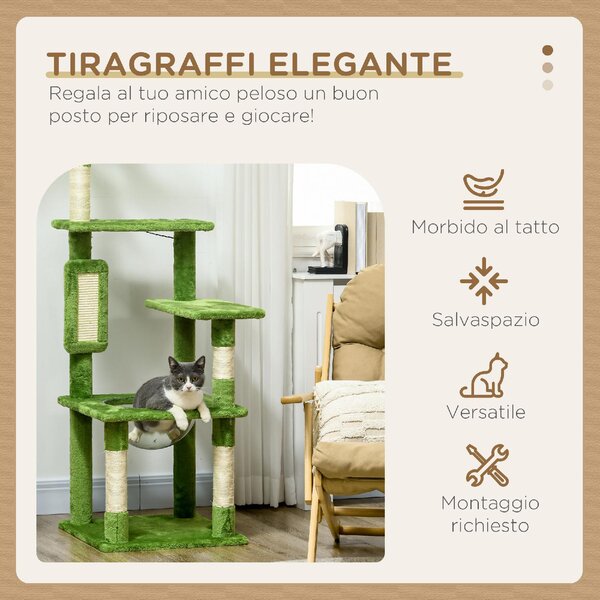 AllMyPets Albero Tiragraffi per Gatti Multilivello con Amaca Tiragraffi Pallina e Foglie Decorative 49x49x142 cm colore Verde - GNEF234