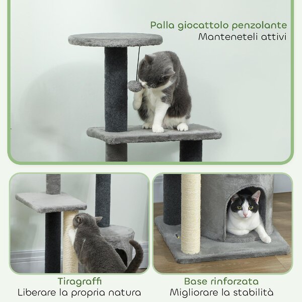 AllMyPets Albero Tiragraffi per Gatti Multilivello Alto 103 cm con Pali Tiragraffi in Sisal Casetta e Pallina in Peluche colore Grigio - W684GY