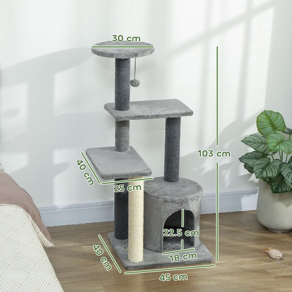 AllMyPets Albero Tiragraffi per Gatti Multilivello Alto 103 cm con Pali Tiragraffi in Sisal Casetta e Pallina in Peluche colore Grigio - W684GY