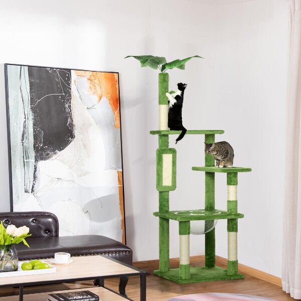 AllMyPets Albero Tiragraffi per Gatti Multilivello con Amaca Tiragraffi Pallina e Foglie Decorative 49x49x142 cm colore Verde - GNEF234