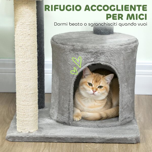 AllMyPets Albero Tiragraffi per Gatti Multilivello Alto 103 cm con Pali Tiragraffi in Sisal Casetta e Pallina in Peluche colore Grigio - W684GY