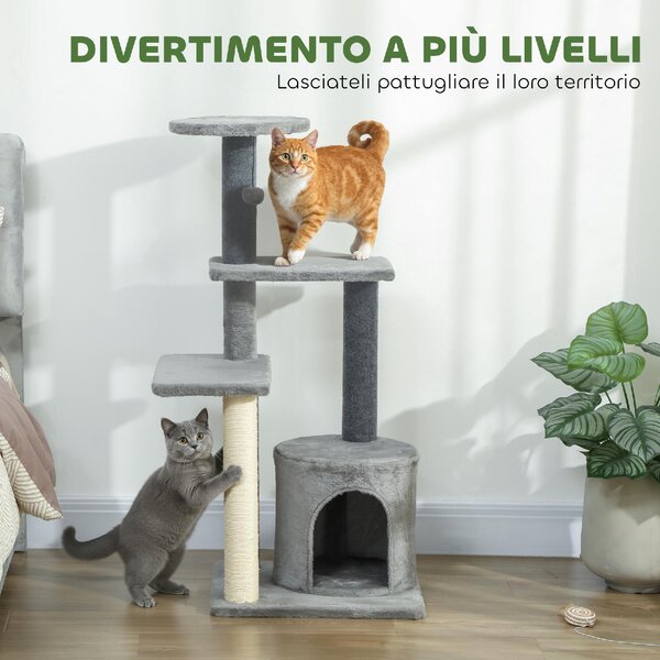 AllMyPets Albero Tiragraffi per Gatti Multilivello Alto 103 cm con Pali Tiragraffi in Sisal Casetta e Pallina in Peluche colore Grigio - W684GY