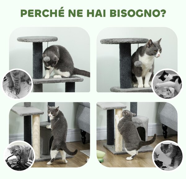 AllMyPets Albero Tiragraffi per Gatti Multilivello Alto 103 cm con Pali Tiragraffi in Sisal Casetta e Pallina in Peluche colore Grigio - W684GY