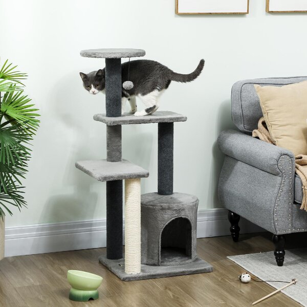 AllMyPets Albero Tiragraffi per Gatti Multilivello Alto 103 cm con Pali Tiragraffi in Sisal Casetta e Pallina in Peluche colore Grigio - W684GY