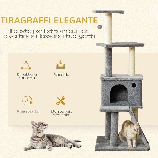 AllMyPets Albero Tiragraffi per Gatti Multilivello con Casetta, Scala, Pallina e Pali in Sisal, 48x48x125 cm colore Grigio - L359477