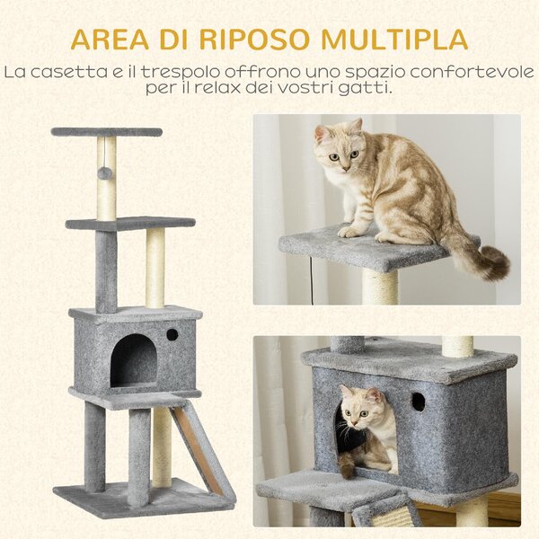 AllMyPets Albero Tiragraffi per Gatti Multilivello con Casetta, Scala, Pallina e Pali in Sisal, 48x48x125 cm colore Grigio - L359477