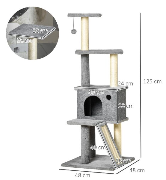 AllMyPets Albero Tiragraffi per Gatti Multilivello con Casetta, Scala, Pallina e Pali in Sisal, 48x48x125 cm colore Grigio - L359477