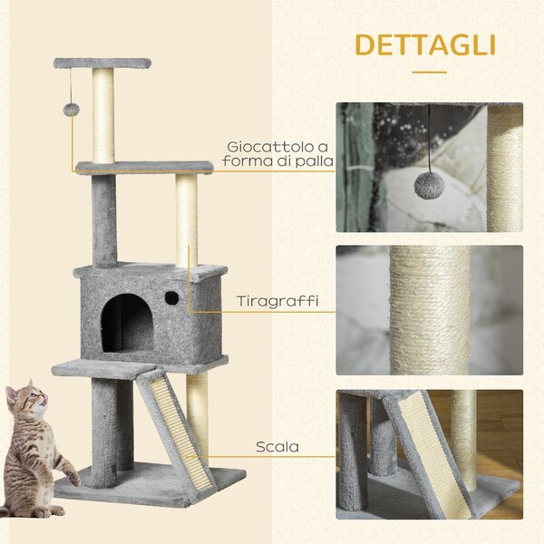 AllMyPets Albero Tiragraffi per Gatti Multilivello con Casetta, Scala, Pallina e Pali in Sisal, 48x48x125 cm colore Grigio - L359477