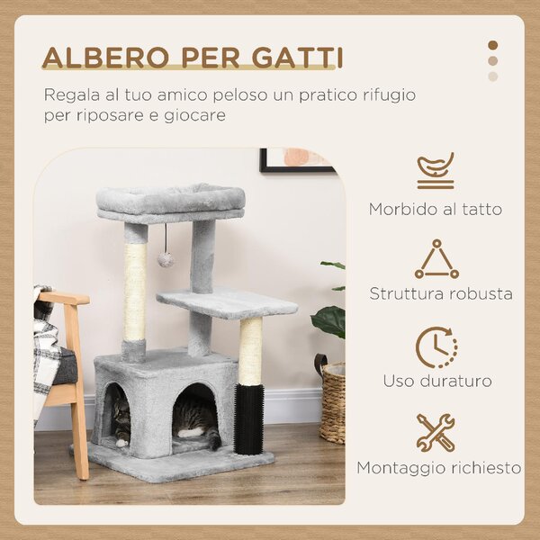 AllMyPets Albero Tiragraffi per Gatti Multilivello con Lettino e Casetta Rivestimento in Peluche colore Grigio - DHD3031