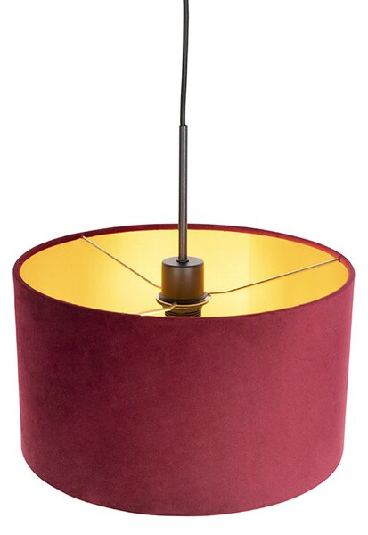 Lampada a sospensione nera con paralume in velluto rosso e oro 35 cm - Combi
