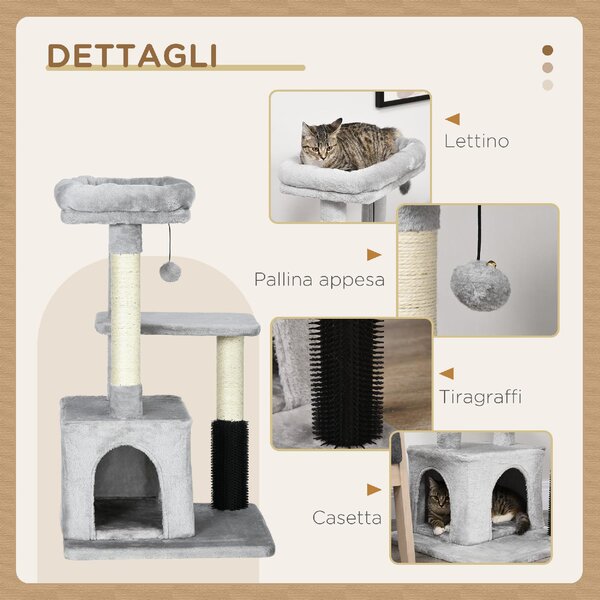 AllMyPets Albero Tiragraffi per Gatti Multilivello con Lettino e Casetta Rivestimento in Peluche colore Grigio - DHD3031