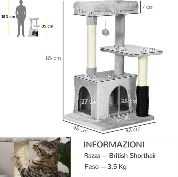 AllMyPets Albero Tiragraffi per Gatti Multilivello con Lettino e Casetta Rivestimento in Peluche colore Grigio - DHD3031