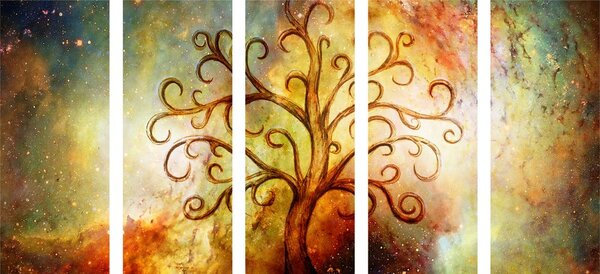 Quadri 5 pezzi – Albero della vita con astrazione dell'universo
