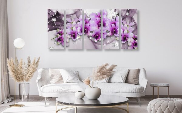 Quadri 5 pezzi – Fiori viola su sfondo astratto