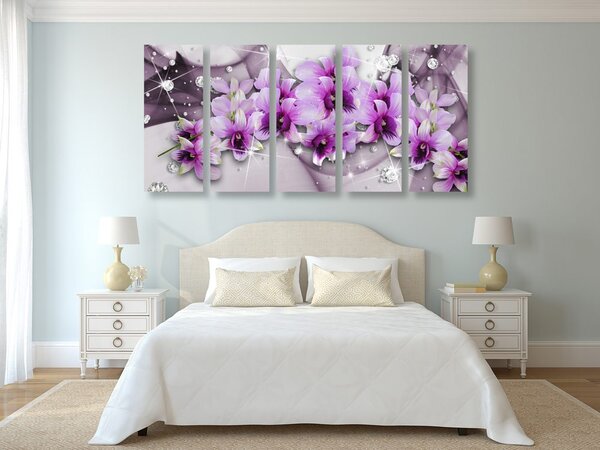 Quadri 5 pezzi – Fiori viola su sfondo astratto