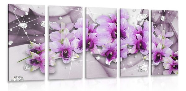 Quadri 5 pezzi – Fiori viola su sfondo astratto