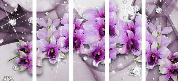 Quadri 5 pezzi – Fiori viola su sfondo astratto