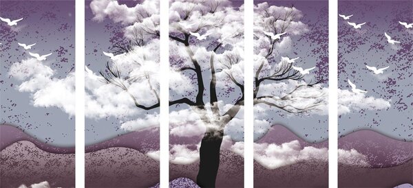 Quadri 5 pezzi – Albero inondato di nuvole
