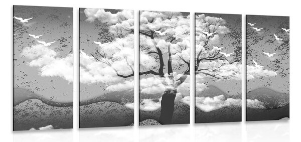 Quadri 5 pezzi – Albero inondato di nuvole in bianco e nero