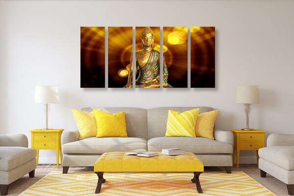 Quadri 5 pezzi – Statua di Buddha su sfondo astratto