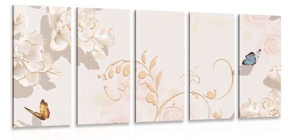Quadri 5 pezzi – Natura morta vintage con farfalla