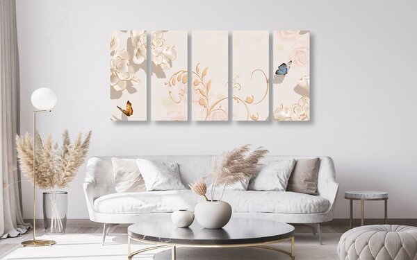Quadri 5 pezzi – Natura morta vintage con farfalla