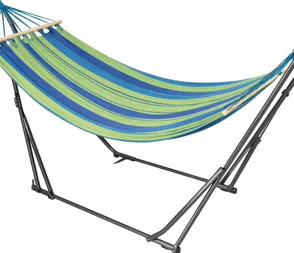 VivaGarden Amaca da Giardino Autoportante con Supporto Pieghevole 270x100 cm Portata 120 Kg in Cotone/Acciaio colore Verde/Blu