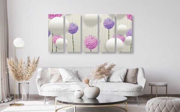 Quadri 5 pezzi – Fiori interessanti con elementi e motivi astratti