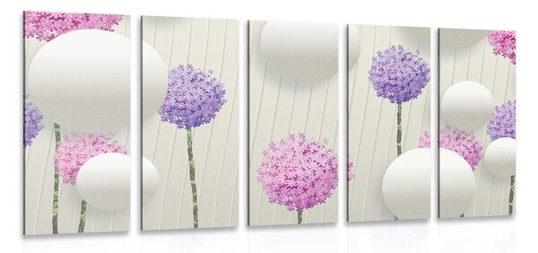 Quadri 5 pezzi – Fiori interessanti con elementi e motivi astratti