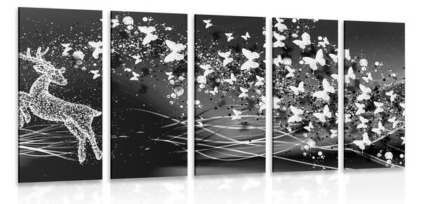 Quadri 5 pezzi – Splendido cervo con farfalle in bianco e nero