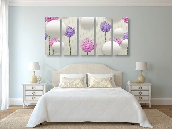 Quadri 5 pezzi – Fiori interessanti con elementi e motivi astratti