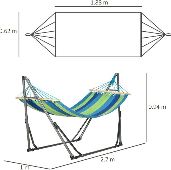 VivaGarden Amaca da Giardino Autoportante con Supporto Pieghevole 270x100 cm Portata 120 Kg in Cotone/Acciaio colore Verde/Blu
