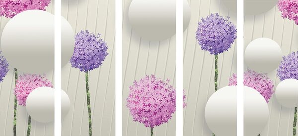 Quadri 5 pezzi – Fiori interessanti con elementi e motivi astratti