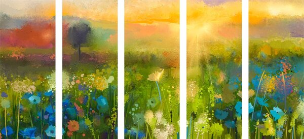 Quadri 5 pezzi – Pittura a olio di fiori di campo