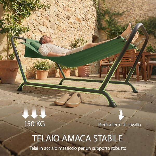 VivaGarden Amaca da Giardino con Supporto 237x90 cm Portata 150 Kg in Poliestere/Metallo colore Verde Scuro