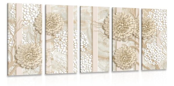 Quadri 5 pezzi – Fiori astratti su sfondo marmoreo
