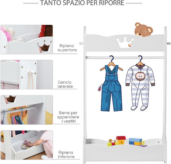 DecHome Appendiabiti per Cameretta con Asta Ganci e Ripiani in Legno Guardaroba a Giorno per Bambini 63x37x103cm colore Bianco