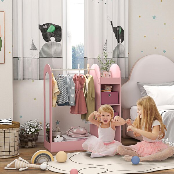 DecHome Appendiabiti per Cameretta con Asta Ripiani e Specchio Guardaroba a Giorno per Bambini 92x36x106 cm colore Rosa